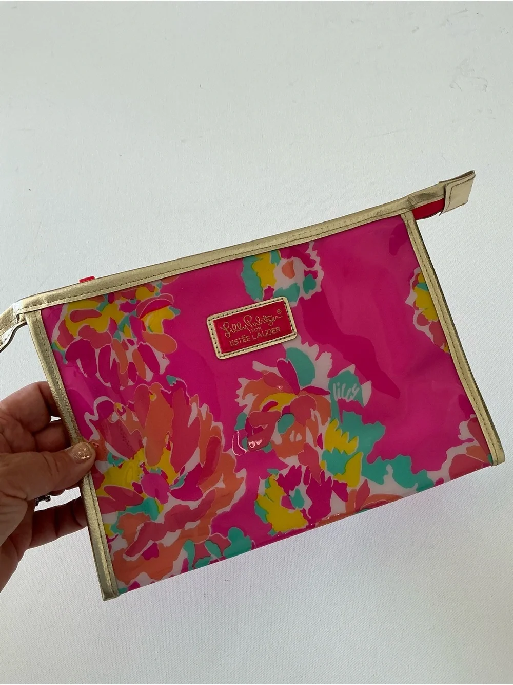 Lilly Pulitzer Hot Pink Floral Vinyl Pouch with Gold Trim